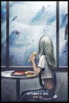  1girl apocalypse bayashiko black_border border commentary dated english_commentary food from_side grey_hair hamburger highres holding holding_food long_hair looking_away original overalls science_fiction shirt short_sleeves sitting solo tray ufo white_shirt window 