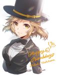  1girl alternate_costume an_s21r artist_name blonde_hair breasts character_name cropped_torso crossed_arms dated formal happy_birthday hat looking_at_viewer medium_breasts senki_zesshou_symphogear short_hair smile solo suit tachibana_hibiki_(symphogear) top_hat white_background yellow_eyes 