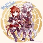  1boy 1girl armor blue_eyes blush chibi gloves long_hair looking_at_viewer lora_(xenoblade_2) nintendo parted_lips pauldrons redhead shin_(xenoblade) short_hair simple_background skirt smile white_hair xenoblade_(series) xenoblade_2 xenoblade_2:_ogon_no_kuri_ira yellow_eyes zin_(mame_denkyu) 