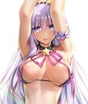 1girl :p armpits arms_up bangs bare_shoulders bb_(fate)_(all) bb_(swimsuit_mooncancer)_(fate) bikini black_choker black_hairband breasts breasts_apart choker collarbone commentary_request eyebrows_visible_through_hair fate/grand_order fate_(series) hair_between_eyes hair_ornament hairband highres large_breasts long_hair neck_ribbon parted_lips pink_ribbon purple_bikini purple_hair ribbon simple_background smile solo star star_hair_ornament swimsuit tan tongue tongue_out very_long_hair violet_eyes white_background youta 