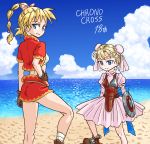  blonde_hair blue_eyes breasts chrono_cross commentary_request dress facial_mark gloves high_ponytail kid_(chrono_cross) long_hair long_legs marcy_(chrono_cross) midriff multi-tied_hair multiple_girls ponytail s-a-murai serge short_hair skirt smile vest 