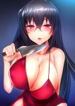  1girl ahoge arm_behind_back armpit_crease azur_lane bangs bare_shoulders black_hair blush breasts cleavage collarbone crossed_bangs dress eyebrows_visible_through_hair hair_between_eyes hair_in_mouth hair_ornament half-closed_eyes holding holding_knife huge_breasts kitchen_knife knife large_breasts long_hair looking_at_viewer open_mouth red_dress red_eyes sidleocks silly_(marinkomoe) solo taihou_(azur_lane) thighs very_long_hair 