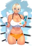 1girl 23_(real_xxiii) ahoge ass_visible_through_thighs bare_shoulders blonde_hair blue_eyes blush boxing_gloves boxing_ring breasts cleavage clenched_hands collarbone covered_nipples curvy dark-skinned_girl_(23) dark_skin female highres huge_breasts large_breasts looking_at_viewer midriff mouth_guard navel open_mouth original shiny shiny_skin short_hair skin_tight skindentation solo sweat tank_top tomboy wide_hips wristband