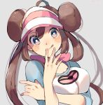  1girl bangs blue_eyes blurry blush breasts brown_hair closed_mouth creatures_(company) depth_of_field double_bun game_freak hair_between_eyes large_breasts long_hair long_sleeves looking_at_viewer mei_(pokemon) nintendo pokemon pokemon_(game) pokemon_bw2 ririmon simple_background smile solo squeezing upper_body visor 