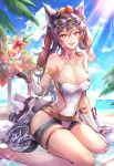  1girl animal_ears armlet bangs bare_shoulders beach black_hair blush breasts bridal_gauntlets cape cape_removed cleavage collarbone cup drinking_glass drinking_straw ear_piercing elt erune eyewear_on_head flower granblue_fantasy hair_between_eyes hair_flower hair_ornament hair_ribbon hips ilsa jewelry jiyo_(3510_tss) large_breasts long_hair looking_at_viewer ocean one-piece_swimsuit open_mouth palm_tree piercing ponytail red_eyes red_ribbon ribbon seiza signature sitting smile solo sparkle sunglasses sunlight swimsuit thigh_strap thighs tree waist 