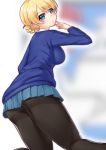  1girl :o ass bangs black_legwear blonde_hair blue_eyes blue_skirt blue_sweater blurry blurry_background commentary darjeeling eyebrows_visible_through_hair from_behind girls_und_panzer hand_to_own_mouth highres kneeling long_sleeves looking_at_viewer looking_back miniskirt pantyhose parted_lips pleated_skirt saezu_habaki school_uniform shirt short_hair skirt solo st._gloriana&#039;s_school_uniform sweater thighband_pantyhose thighs tied_hair v-neck white_shirt 