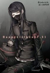  1boy androgynous bandage bangs black_jacket black_pants dangan_ronpa flower gradient gradient_background green_eyes happy_birthday jacket long_hair looking_at_viewer male_focus mask new_dangan_ronpa_v3 pants parted_bangs red_flower red_rose rose shinguuji_korekiyo solo twitter_username very_long_hair z-epto_(chat-noir86) 