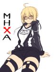  1girl ahoge artoria_pendragon_(all) blonde_hair braid commentary crown_braid drawstring english_commentary expressionless eyebrows_visible_through_hair fate/grand_order fate_(series) glasses hair_between_eyes highres jacket mysterious_heroine_x_(alter) name_tag short_hair simple_background sitting sketch solo sub-res white_background yellow_eyes 