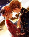  1boy 1girl blood blood_on_face blue_eyes brown_hair china_dress chinese_clothes couple crying crying_with_eyes_open dress eye_contact gintama hair_bun hand_on_hilt kagura_(gintama) looking_at_another military military_uniform okita_sougo open_mouth orange_hair red_dress red_eyes short_hair tears uniform upper_body zzyzzyy 