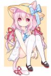  1girl animal_ears azur_lane bangs bare_arms bare_shoulders beige_background blue_bow blue_neckwear blush bow brown_footwear cat_ears cat_girl cat_tail chinese_commentary closed_mouth commentary_request dress ears_through_headwear eyebrows_visible_through_hair fingernails full_body hair_between_eyes hair_ribbon hat hat_bow kisaragi_(azur_lane) long_hair looking_at_viewer low_twintails neckerchief pink_hair red_eyes red_ribbon ribbon sailor_collar sailor_dress shoes sidelocks sitting sleeveless sleeveless_dress solo sun_hat tail tail_ribbon tengxiang_lingnai thigh-highs twintails two-tone_background very_long_hair white_background white_dress white_legwear white_sailor_collar yellow_hat 
