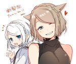  2girls :d animal_ears bare_shoulders black_shirt blue_eyes blush braid breasts cat_ears commentary_request final_fantasy final_fantasy_xiv green_eyes half-closed_eye hand_up heart heterochromia highres lalafell light_brown_hair long_sleeves medium_breasts miqo&#039;te multiple_girls notice_lines one_eye_closed open_mouth parted_lips pointy_ears shirt short_hair simple_background sleeveless sleeveless_shirt smile sofra translated white_background white_hair white_shirt 