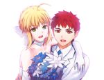  1boy 1girl :d ahoge arm_around_neck artoria_pendragon_(all) blue_neckwear bow brown_eyes choker couple dress elbow_gloves emiya_shirou eyebrows_visible_through_hair fate/stay_night fate_(series) fateline_alpha formal gloves green_eyes hair_bow jacket jewelry looking_at_viewer necktie open_mouth redhead ribbon ribbon_choker ring saber sidelocks simple_background smile spiky_hair strapless strapless_dress tied_hair wedding_dress wedding_ring white_background white_bow white_dress white_gloves white_jacket white_ribbon 