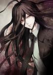  1boy black_jacket black_neckwear brown_hair dangan_ronpa dress_shirt eyebrows_visible_through_hair floating_hair grey_shirt hair_between_eyes jacket kamukura_izuru long_hair looking_at_viewer male_focus necktie open_clothes open_jacket red_eyes shirt solo super_dangan_ronpa_2 upper_body very_long_hair z-epto_(chat-noir86) 