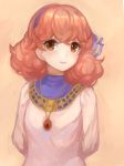  1girl arms_behind_back brown_eyes closed_mouth curly_hair dress fire_emblem fire_emblem_echoes:_mou_hitori_no_eiyuuou hairband jenny_(fire_emblem) jewelry jurge long_sleeves necklace nintendo pink_hair simple_background solo 