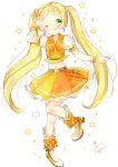  ;p aikatsu! aikatsu!_(series) aikatsu_friends! belt blonde_hair blush boots bow earrings full_body hand_up hinata_ema_(aikatsu_friends!) jewelry long_hair looking_at_viewer megu_(littlestar) navel one_eye_closed orange_bow orange_shirt orange_skirt pose puffy_sleeves purple_earrings scrunchie shirt skirt solo tongue tongue_out twintails very_long_hair wrist_scrunchie 