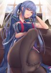  1girl arm_under_breasts ass azur_lane bangs black_legwear black_ribbon blue_cloak blue_hair braid breasts collarbone couch curtains dress elbow_rest essex_(azur_lane) eyebrows_visible_through_hair gloves hair_ribbon head_tilt highres indoors jacket knee_up large_breasts long_hair looking_at_viewer necktie no_shoes pantyhose parted_lips pink_lips purple_hair red_neckwear ribbon shiro_usagi sidelocks sitting solo taut_clothes twintails window yellow_eyes 