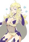  1girl ahoge blonde_hair blue_eyes breasts bridal_gauntlets cape circlet cleavage_cutout covered_navel fire_emblem fire_emblem_if long_hair medium_breasts nintendo one_eye_closed open_mouth ophelia_(fire_emblem_if) shougayaki_(kabayaki_3) simple_background solo white_background 