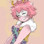  1girl ^_^ ashido_mina bare_arms boku_no_hero_academia breasts cleavage closed_eyes closed_eyes closed_mouth collarbone collared_vest commentary_request eyebrows_visible_through_mask facing_viewer fur_collar grin horns konno_(2xxxxxx) mask open_clothes open_vest pink_hair pink_skin short_hair smile solo upper_body vest 
