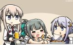  3girls apron black_gloves black_serafuku blonde_hair blue_shirt bow closed_eyes commentary_request crescent crescent_hair_ornament dated feeding gloves graf_zeppelin_(kantai_collection) green_bow grey_eyes grey_hair hair_between_eyes hair_bow hair_ornament hamu_koutarou hat highres kantai_collection military military_uniform multiple_girls peaked_cap ponytail purple_hair red_neckwear school_uniform serafuku shirt short_hair short_hair_with_long_locks sidelocks tsurime twintails undershirt uniform upper_body white_shirt yayoi_(kantai_collection) yuubari_(kantai_collection) 