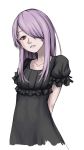  1girl alternate_costume arms_behind_back black_dress collarbone cowboy_shot dress hair_over_one_eye highres little_witch_academia long_hair looking_at_viewer mihailseiko pink_hair red_eyes simple_background sucy_manbavaran upper_body white_background 