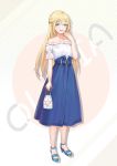  1girl asobi_asobase bag bangs bare_shoulders belt blonde_hair blue_belt blue_eyes blue_footwear blue_skirt blush collarbone eyebrows_visible_through_hair hair_between_eyes half_updo handbag highres k.l_(kuilei_c) long_hair long_skirt looking_at_viewer mechanical_pencil off-shoulder_shirt olivia_(asobi_asobase) open_mouth pencil sandals shirt short_sleeves skirt smile solo very_long_hair white_shirt 