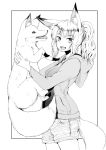  1girl :d animal_ears batta_(kanzume_quality) cowboy_shot fox fox_ears fox_girl fox_tail fox_wife_(batta_(kanzume_quality)) greyscale hood hood_down hooded_jacket jacket long_sleeves looking_at_viewer monochrome nib_pen_(medium) open_clothes open_jacket open_mouth original ponytail shirt shorts smile solo tail traditional_media 