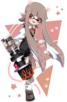 1girl bangs black_footwear black_shorts black_sweater blaster_(splatoon) blunt_bangs brown_eyes commentary domino_mask dress_shirt fang full_body grey_hair holding holding_weapon inkling leg_up loafers long_hair looking_at_viewer maco_spl mask neck_ribbon nintendo open_mouth paw_print pointy_ears red_neckwear ribbon shirt shoes shorts smirk socks solo splatoon splatoon_1 standing standing_on_one_leg star star_print sweater sweater_vest tentacle_hair triangle v-shaped_eyebrows weapon white_legwear white_shirt wing_collar 