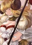 1girl ;) ahoge anila_(granblue_fantasy) blonde_hair breasts cleavage draph eyebrows eyebrows_visible_through_hair gloves granblue_fantasy heart highres horns long_hair looking_at_viewer maou_(maoudaisukiya) one_eye_closed pink_background polearm sheep_horns simple_background smile solo upper_body weapon white_gloves yellow_eyes