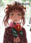  1girl :d amami_haruka blush brown_coat brown_hair chan1moon coat copyright_name eyebrows_visible_through_hair flower hair_ribbon highres holding holding_flower idolmaster idolmaster_million_live! looking_at_viewer open_mouth pink_scarf red_flower red_ribbon ribbon scarf short_hair_with_long_locks sidelocks smile solo upper_body yellow_eyes 