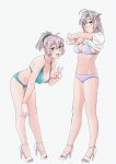  1girl aoba_(kantai_collection) aqua_bikini bikini blue_eyes breasts cleavage full_body grey_hair hair_tie hand_on_own_knee kantai_collection kinugasa_(kantai_collection) lavender_bikini looking_at_viewer medium_breasts ojipon open_toe_shoes ponytail purple_hair remodel_(kantai_collection) scrunchie short_hair side_ponytail simple_background solo standing swimsuit tsurime undressing v white_background yellow_eyes 