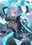 1girl aqua_eyes arm_behind_back arm_up bangs breasts commentary_request debris glowing grey_hair hair_between_eyes holding holding_weapon icey icey_(game) looking_at_viewer medium_breasts miyuki_ruria robot_ears short_hair solo standing twitter_username weapon 
