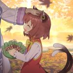  2girls :d ^_^ acorn animal_ears autumn autumn_leaves bow bowtie brown_hair cat_ears cat_girl cat_tail chen china_dress chinese_clothes closed_eyes closed_eyes commentary_request day dress earrings falling_leaves fang hand_on_another&#039;s_head holding jewelry kurobuta_gekkan leaf long_sleeves motion_blur multiple_girls nekomata open_mouth out_of_frame outdoors petting pinecone red_dress shirt short_hair smile solo_focus tabard tail touhou upper_body white_shirt yakumo_ran yellow_bow yellow_neckwear 