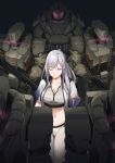  1girl ak-12_(girls_frontline) bangs black_bow bow braid breasts cleavage closed_mouth french_braid girls_frontline glowing glowing_eye hair_bow highres jacket long_hair medium_breasts navel one_eye_closed open_clothes open_jacket pink_eyes ponytail robot sanderson silver_hair sports_bikini weapon 