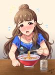  1girl badge bangs black_camisole blue_shirt blunt_bangs blush bowl braid brown_hair button_badge camisole chopsticks collarbone cup dated drinking_glass eyebrows_visible_through_hair fingernails flying_sweatdrops food french_braid hair_bun head_tilt highres holding holding_chopsticks idolmaster idolmaster_cinderella_girls kamiya_nao long_hair looking_at_viewer meat noodles nose_blush open_mouth ramen red_eyes reflection shiny shiny_hair shirt short_sleeves signature solo spaghetti_strap spoon steam table tareme thick_eyebrows upper_body wooden_table yoohi 