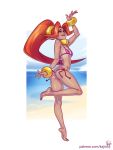  1girl ass bare_shoulders beach bikini biting bracelet breasts dark_skin din from_behind full_body jewelry kajin_(kajinman) lip_biting lips long_hair neck_ring nintendo ocean one_eye_closed orange_hair pink_bikini pointy_ears side-tie_bikini small_breasts solo standing standing_on_one_leg swimsuit the_legend_of_zelda the_legend_of_zelda:_oracle_of_ages the_legend_of_zelda:_oracle_of_seasons thong_bikini very_long_hair 