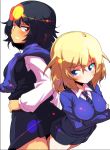  2girls andou_(girls_und_panzer) angry back-to-back bangs bc_freedom_school_uniform black_hair black_skirt black_vest blonde_hair blue_eyes blue_neckwear blue_sweater brown_eyes closed_mouth crossed_arms dark_skin diagonal_stripes dress_shirt eyebrows_visible_through_hair frown girls_und_panzer grimace hand_on_hip highres long_sleeves looking_at_another looking_at_viewer looking_back medium_hair messy_hair miniskirt multiple_girls necktie oshida_(girls_und_panzer) pleated_skirt red_neckwear school_uniform shirt simple_background skirt standing striped striped_neckwear sw sweater sweater_around_neck symbol_commentary vest white_background white_shirt wing_collar 