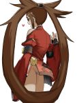 1girl bare_shoulders brown_eyes brown_hair china_dress chinese_clothes dress fang flasso from_side guilty_gear guilty_gear_xrd heart highres kuradoberi_jam long_hair long_sleeves looking_to_the_side open_mouth panties panty_peek red_dress simple_background skirt smile solo twintails underwear very_long_hair waving white_background white_panties wide_sleeves