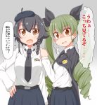 2girls anchovy anzio_school_uniform bangs belt beret black_belt black_cape black_hair black_hat black_neckwear black_ribbon black_skirt braid brown_eyes cape check_translation commentary_request cowboy_shot dou-t dress_shirt drill_hair emblem eyebrows_visible_through_hair frown girls_und_panzer gradient gradient_background green_hair grey_background hair_ribbon hand_on_another&#039;s_shoulder hat highres long_hair long_sleeves looking_at_viewer miniskirt multiple_girls necktie open_mouth pantyhose partial_commentary pepperoni_(girls_und_panzer) pleated_skirt red_eyes ribbon school_uniform shirt short_hair side_braid skirt standing sweatdrop tears translated twin_drills twintails white_legwear white_shirt 