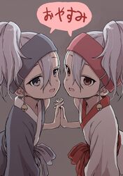  2girls absurdres bell brown_eyes fingernails grey_background hand_holding headband high_ponytail highres jingle_bell kikyou_(kunoichi_tsubaki_no_mune_no_uchi) kunoichi_tsubaki_no_mune_no_uchi looking_at_viewer multiple_girls open_mouth purple_hair red_headband simple_background speech_bubble translated upper_body violet_eyes yamamoto_souichirou 