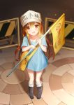  1girl :d bag bangs black_footwear blue_shirt blush boots brown_eyes brown_hair character_name clothes_writing commentary_request eyebrows_visible_through_hair flag flat_cap hair_between_eyes hat hataraku_saibou highres holding holding_flag knee_boots long_hair open_mouth platelet_(hataraku_saibou) seero shirt short_sleeves shoulder_bag smile solo standing very_long_hair white_hat 