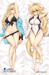  1girl bed_sheet bikini black_bikini blonde_hair blue_eyes blue_jacket blush braid breasts competition_swimsuit dakimakura fate/grand_order fate_(series) glasses highres hood hooded_jacket jacket jeanne_d&#039;arc_(fate)_(all) jeanne_d&#039;arc_(swimsuit_archer) large_breasts long_hair looking_at_viewer one-piece_swimsuit open_mouth ponytail single_braid swimsuit tony_guisado white_swimsuit 