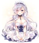  1girl apron azur_lane bangs belfast_(azur_lane) braid breasts brown_eyes chains cleavage collar collarbone commentary_request corset eyebrows_visible_through_hair french_braid frilled_apron frills kawanobe large_breasts looking_at_viewer maid maid_apron maid_headdress silver_hair solo v_arms waist_apron white_apron 
