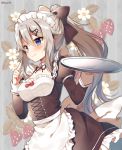  1girl 9a-91_(girls_frontline) apron bangs blue_eyes blush bow breasts brown_bow brown_dress closed_mouth commentary cross-laced_clothes detached_collar dress dutch_angle eyebrows_visible_through_hair flower food frilled_apron frills fruit girls_frontline grey_hair hair_between_eyes hair_bow hair_ornament hairclip hands_up high_ponytail holding holding_tray juliet_sleeves long_hair long_sleeves looking_at_viewer mauve ponytail puffy_sleeves red_bow sidelocks small_breasts smile solo strawberry striped striped_background tray twitter_username vertical-striped_background vertical_stripes very_long_hair waist_apron white_apron white_collar white_flower 