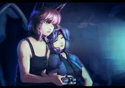  1girl abigail_(stardew_valley) black_choker black_shirt blue_shirt breasts camisole choker cleavage closed_eyes closed_mouth commentary dark_room fish green_eyes holding_controller long_hair medium_breasts parted_lips purple_hair quizzicalkisses shirt short_hair sleeping sleeping_on_person sleeping_upright solo stardew_valley 