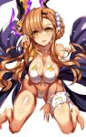 1girl bangs bare_shoulders bikini blush braid breasts brown_hair choker cleavage collarbone feet flower french_braid granblue_fantasy hair_flower hair_ornament hairband hand_in_hair head_wings highres hips large_breasts leg_garter legs long_hair looking_at_viewer open_mouth sash shiny shiny_hair shiny_skin sidelocks simple_background smile solo song_(granblue_fantasy) swimsuit thighs vin waist white_background white_bikini yellow_eyes 