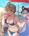  2girls ahoge bikini blue_bikini blush breasts cleavage collarbone eyebrows_visible_through_hair green_eyes green_nails grey_hair idolmaster idolmaster_million_live! kamille_(vcx68) large_breasts long_hair looking_at_another looking_at_viewer matsuda_arisa multiple_girls nail_polish navel open_mouth parted_lips pool sakuramori_kaori short_hair smile standing swimsuit twintails umbrella 