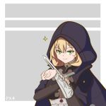  1girl armor assassin&#039;s_creed_(series) blonde_hair character_name cloak girls_frontline green_eyes hidden_blade looking_at_viewer parody portrait px4_storm_(girls_frontline) short_hair simple_background solo weapon 
