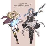  2girls ahoge black_legwear blonde_hair blue_hair book breasts bridal_gauntlets cape circlet cleavage cleavage_cutout closed_mouth fire_emblem fire_emblem_heroes fire_emblem_if flora_(fire_emblem_if) gem grey_eyes grin holding holding_book juliet_sleeves knife krazehkai leg_up long_hair long_sleeves maid maid_headdress medium_breasts multiple_girls nintendo one_eye_closed open_book ophelia_(fire_emblem_if) outstretched_arm puffy_sleeves simple_background smile thigh-highs twintails zettai_ryouiki 