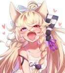  1girl animal_ears bangs bare_arms bare_shoulders blonde_hair blue_eyes blush braid breasts character_name collarbone commentary crossed_bangs curly_hair drooling eyebrows_visible_through_hair g41_(girls_frontline) girls_frontline hair_between_eyes hair_ornament hair_over_shoulder half-closed_eyes heart heterochromia highres long_hair looking_at_viewer meow_nyang name_tag open_mouth red_eyes short_eyebrows simple_background single_braid small_breasts solo sweat teeth thick_eyebrows tongue tongue_out upper_body very_long_hair white_background 
