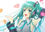  1girl :d aqua_neckwear bangs bare_shoulders blue_background blurry blurry_foreground blush breasts collared_shirt commentary_request daidai_jamu depth_of_field detached_sleeves eyebrows_visible_through_hair gradient gradient_background green_eyes green_hair grey_shirt hair_between_eyes hair_ornament hand_up hatsune_miku headphones long_sleeves looking_at_viewer necktie open_mouth petals shirt sleeveless sleeveless_shirt small_breasts smile solo tie_clip twintails vocaloid white_background wide_sleeves 
